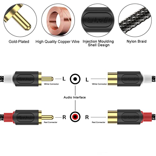 J&D 2 RCA Male to Female Extension Cable - Gold Plated RCA Audio Cable with Nylon Braid & PVC Housing [Audiowave Series] for Home Theater, Receiver, Amplifier, Speaker, 15 Feet - size: 15 Feet