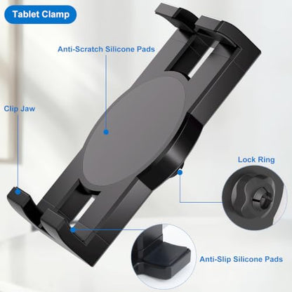 Gooseneck iPad Mount,Tablet Clamp Mount for Desk/Table/Bed/Chair/Lectern,360° Adjustable Arm iPad Mount for for Kitchen, Video Call,Reading,Work,4.7~12.9" iPad/iPhone/Nexus/LG G Pads/e-Reader/Switch