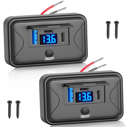 90W 12V USB Outlet Panel Wall Mount, Dual 36W USB C and QC 3.0 18W Car USB Port Charger with Voltmeter Button Switch, Waterproof 3 USB Multi Port Power Outlet DIY 12V Accessories for Car Bus RV -2 PC - size: 2PCS