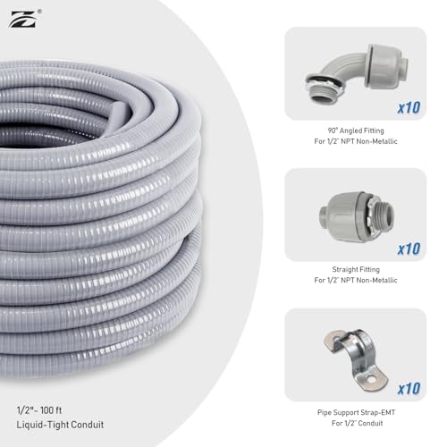 Z 1/2" Dia * 100 Feet Flexible PVC Liquid Tight Electrical Conduit Kit with 31 Pieces, 10 Straight Fittings, 10 Angled Elbows, 10 MET Straps - style: 1/2" 100ft
