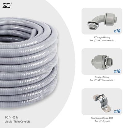 Z 1/2" Dia * 100 Feet Flexible PVC Liquid Tight Electrical Conduit Kit with 31 Pieces, 10 Straight Fittings, 10 Angled Elbows, 10 MET Straps - style: 1/2" 100ft