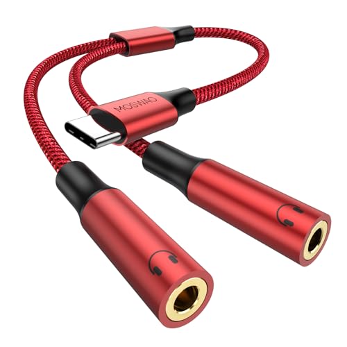 MOSWAG Type C to Dual 3.5mm Aux Headphone Jack Adapter, Hi-Res 2 Way Audio Y Cable Cord Compatible with iPad Samsung S23 S22 Google Pixel 7 6 Pro 5 - color: Red