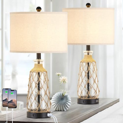 Ruzectt 25.5" Coastal Glass Table Lamps Set of 2, 3-Way Dimmable Touch Control Bedside Lamps with 2 USB Ports and AC Outlet, Clear Nautical Nightstand Lamp for Bedroom Living Room (LED Bulbs Included) - color: Clear
