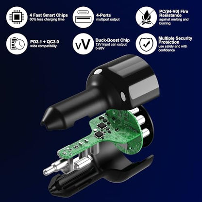 240W USB C Car Charger, Super Fast Charging 4-Ports PD3.1 140W/PD3.0 100W PPS 45W QC65W Type-C Car Adapter for MacBook Pro Laptop iPhone 16 15 Max iPad Samsung Galaxy S24/23 Pixel etc