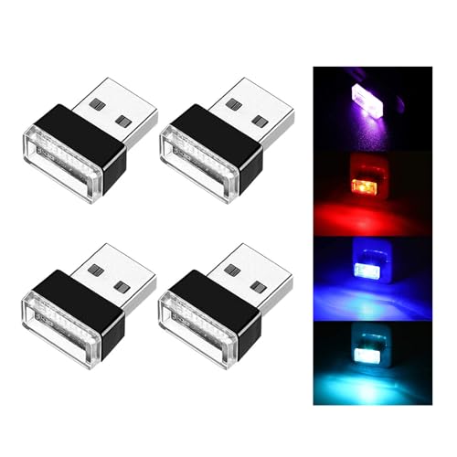 Ziciner 4 PCS USB LED Car Interior Atmosphere Lamp, Portable Mini LED Night Light, Plug-in USB Interface Trunk Ambient Lighting Kit, Universal Interior Accessories (Blue+Red+Ice Blue+Purple) - color: Blue+Red+Ice Blue+Purple