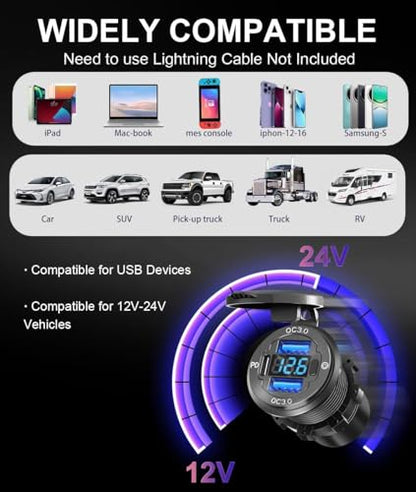 2PCS 78W 3Ports 12V USB Outlet with Voltmeter & Switch - PD3.0 & Dual QC3.0 Quick Charge Car Charger Socket, Aluminum Waterproof USB C Port for Boat Marine Motorcycle RV Truck ATV Golf Cart