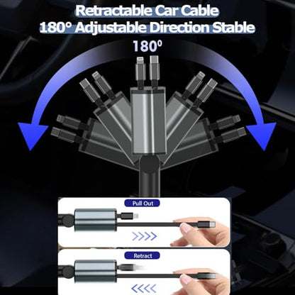66W Retractable Car Charger Fast Charging,4 in 1 Car Charger USB Fast Charge with Retractable USB C Cable + Lightning Cable,USB C Port and USB A Port Car Phone Charging for iPhone 17/16/15/14/13,iPad