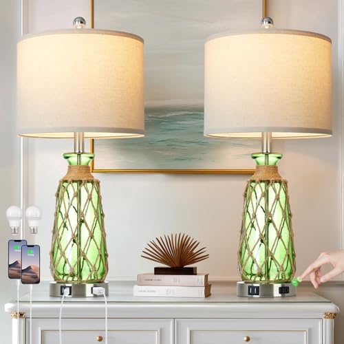 Ruzectt 25.5" Green Glass Table Lamps Set of 2, 3-Way Dimmable Touch Control Bedside Lamps with 2 USB Ports and AC Outlet, Coastal Nightstand Lamp for Bedroom Living Room (LED Bulbs Included) - color: Green