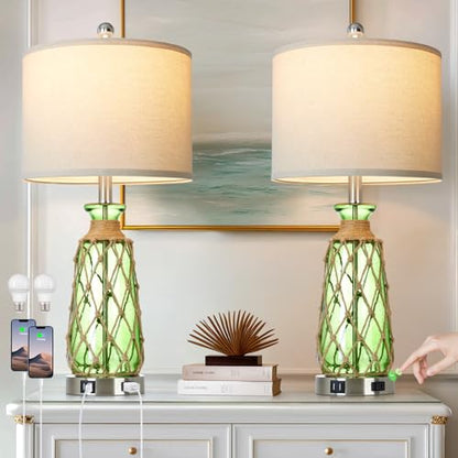 Ruzectt 25.5" Green Glass Table Lamps Set of 2, 3-Way Dimmable Touch Control Bedside Lamps with 2 USB Ports and AC Outlet, Coastal Nightstand Lamp for Bedroom Living Room (LED Bulbs Included) - color: Green