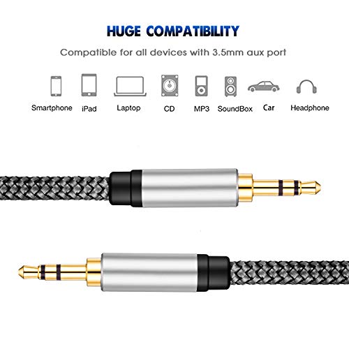 Tan QY 3.5mm Nylon Braided Aux Cable 6Ft, Audio Auxiliary Input Adapter Male to Male Cord for Headphones, Car, Home Stereos, Speaker, iPhone, iPad, iPod & More(6Ft/2M,Silver) - size: 6Ft/2M