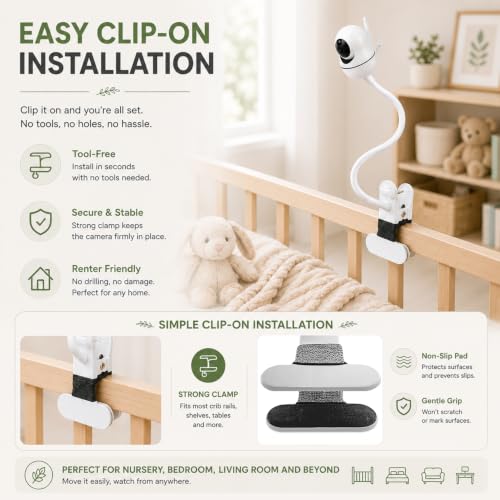 15.7 inch Flexible Baby Monitor Clip Mount for HelloBaby HB6560/HB6550/HB65/HB40/HB6339/HB66/HB6550Pro, ANMEATE SM935E, Baby Camera Mount Holder Stand with , Attach to Baby Crib Without Without Tools