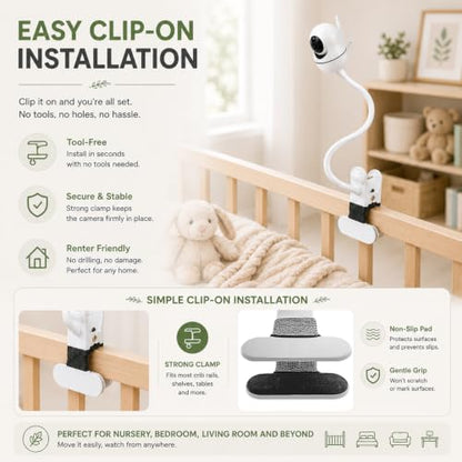 15.7 inch Flexible Baby Monitor Clip Mount for HelloBaby HB6560/HB6550/HB65/HB40/HB6339/HB66/HB6550Pro, ANMEATE SM935E, Baby Camera Mount Holder Stand with , Attach to Baby Crib Without Without Tools