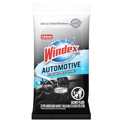 Windex Auto Wipes for Car Windows, Mirrors and Screens, Pre-Moistened Car Cleaner Wipes for Quick Streak-Free Shine, Guaranteed Safe for Tinted Windows and Electronics, 25 count (Pack of 1) - size: 25 Count (Pack of 1)