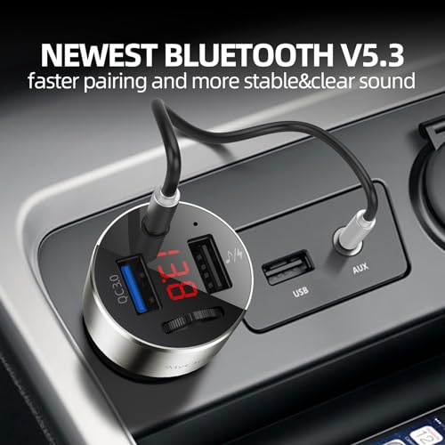 Adapter FM Transmitter Bluetooth 5.3,iMyOnly QC3.0 All-Metal Bluetooth AUX Adapter for Car Music Player, Wireless FM Radio Car Kit with Hands-Free Calling,Supporting USB Disk