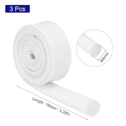 MECCANIXITY 3Pcs Wire Insulation Braid Fire Sleeve,3.28Ft-8mm ID White, High Temp Silicone Coated Fiberglass Sleeving for Automotive Hose Lines Electrical Wiring - color: White, size: 3.28Ft-8mm