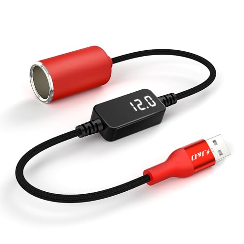 J&D USB A to 12V Cigarette Lighter Adapter Cable, 18W USB A DC 12V Car Socket Converter for Dash Cam, GPS, Driving Recorder, Supports Voltage Display, Durable Red Cord, 5 Feet - size: 5 ft