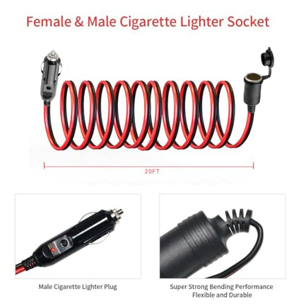 ELFCULB Male to Female Cigarette Lighter Cable 14AWG 20FT for RV - color: CIG to PLUG, size: 20FT