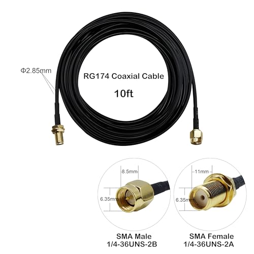 SMA Extension Cable 10ft, SMA Male to Female Low Loss RG174 Coaxial Cable Extender for SDR, Wireless Security Camera, Network System, GPS LTE 4G 5G WiFi Radio Antennas - size: 10FT