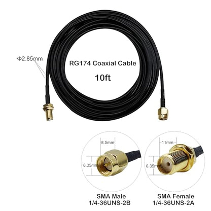 SMA Extension Cable 10ft, SMA Male to Female Low Loss RG174 Coaxial Cable Extender for SDR, Wireless Security Camera, Network System, GPS LTE 4G 5G WiFi Radio Antennas - size: 10FT