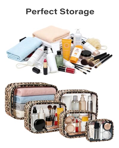 TSA Approved 5 Piece Diaper Bag Organizer Pouch Set, Waterproof Clear Toiletry Bag Travel Packing Organizer Bags Clear Makeup Pouch Cosmetic Case with Zipper Car Essentials Bag - color: 5Pcs Leopard