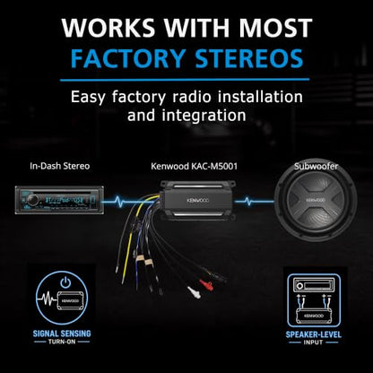 KENWOOD KAC-M5001 Compact Car/Marine Monoblock Class D Amplifier, 600W, IP67/IP66 Waterproof & Dustproof Subwoofer Amp, Speaker Level Input, Signal Sensing Turn-On, Wired Level Control