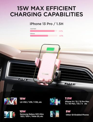 Wireless Car Charger, JOYMASS 15W Fast Charging Auto Clamping Car Charger Cell Phone Holder Mount Vent for iPhone 15 14 13 12 Mini Pro Max, Samsung Galaxy S24 Ultra S23 S22 S21+ Note 20, etc - Pink - color: PINK