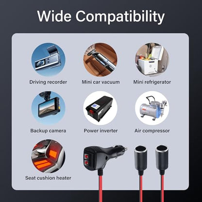 SinLoon 12V Car Cigarette Lighter Splitter Adapter with 2 Independent Switches 16AWG Cigarette Lighter 1 Male to 2 Female Sockets Y Splitter Power Cable with 15A Fuse 0.3M/1FT