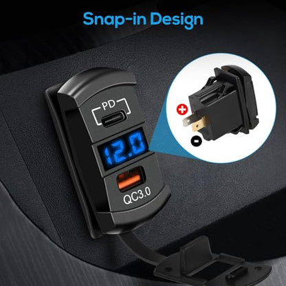 Linkstyle 2PCS Car Rocker Switch Outlet, 36W QC3.0 USB-A Port & 55W PD Port Charger Socket with LED Voltmeter for 12V/24V RV Boat Motorcycle