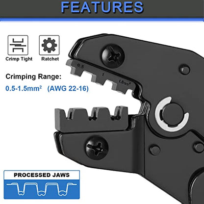Wire Terminal Crimping Tool Kit, Qibaok Ratcheting Wire Crimper AWG 22-16(0.5-1.5mm²) with 500PCS Female Male Spade Connectors & Bullet Connectors Terminals