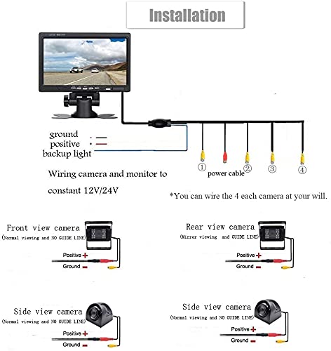 Backup Camera Kit 7 inch 4-Spilt Monitor Rear View Cameras with IP 67 Waterproof 18 IR Night Vision Car Camera for Tucks, RVs,Trailers,Bus,Vans + 4pcs 10m/393.7inch Cables Vehicle Backup Camera