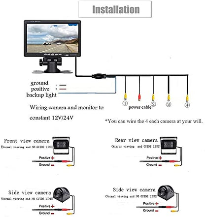 Backup Camera Kit 7 inch 4-Spilt Monitor Rear View Cameras with IP 67 Waterproof 18 IR Night Vision Car Camera for Tucks, RVs,Trailers,Bus,Vans + 4pcs 10m/393.7inch Cables Vehicle Backup Camera