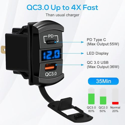 Linkstyle 2PCS Car Rocker Switch Outlet, 36W QC3.0 USB-A Port & 55W PD Port Charger Socket with LED Voltmeter for 12V/24V RV Boat Motorcycle