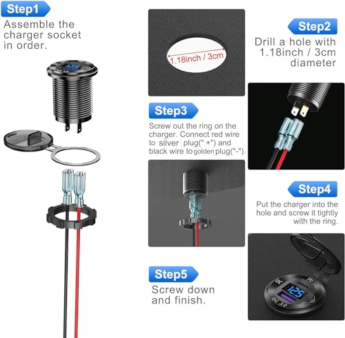 12V/24V USB Outlet Quick Charge 3.0 Dual Port Car Charger Socket with Blue Voltmeter, Waterproof Aluminum Cigarette Lighter USB Charger DIY Kit for Car Marine Motorcycle RV Boat Golf Cart, etc.