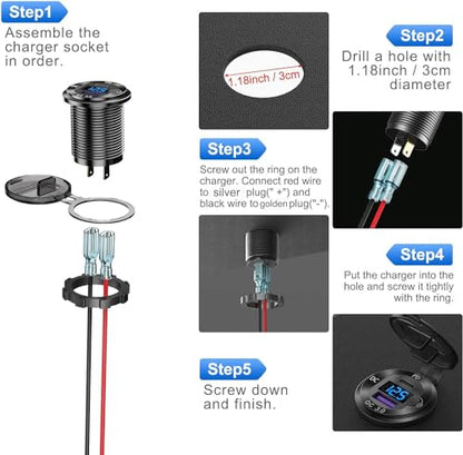 12V/24V USB Outlet Quick Charge 3.0 Dual Port Car Charger Socket with Blue Voltmeter, Waterproof Aluminum Cigarette Lighter USB Charger DIY Kit for Car Marine Motorcycle RV Boat Golf Cart, etc.