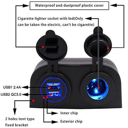 Waterproof Dual USB Charger Power Adapter (5V 2.4A / QC3.0 Quick Charge 3.0) + Cigarette Lighter Socket Tent Type Panel 12 / 24V DC for Car Motorcycle Boat Marine ATV RV