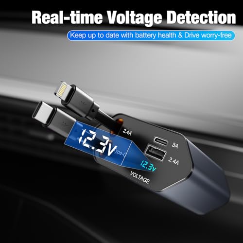4 in 1 Retractable Car Charger, 60W Fast Charging, Voltage Display