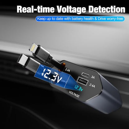 4 in 1 Retractable Car Charger, 60W Fast Charging, Voltage Display