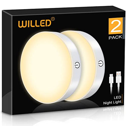 WILLED 3000K Dimmable Touch Lights, Battery Rechargeable Tap Lights, Magnet Stick on Closet Light, Portable LED Puck Night Lights for Cabinet, Wardrobe, Counter, Kitchen, Bedroom (2 Pack) - color: White