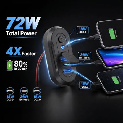 72W 12V RV USB Outlet 3 Port Wall Mount Quick Car Charger Waterproof - color: Dark Black, size: 1P