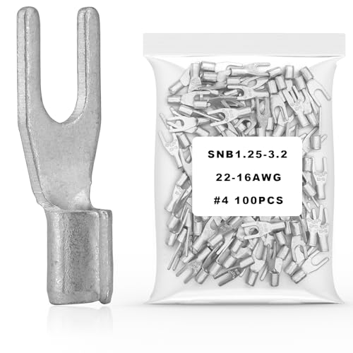 100Pcs #4 Non-Insulated Fork Terminal,22-16 AWG Brazed Seam Red Copper Wire Connectors,Crimp Connector Terminal Kit (Fork #4 100PC, AWG22-16) - size: AWG22-16, style: Fork #4 100PC