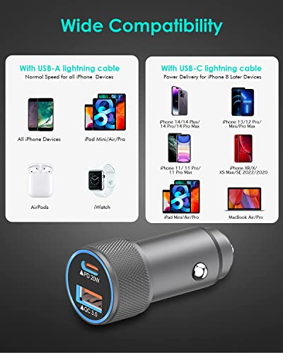 iPhone Car Charger,USB C Fast Car Charger[Apple MFi Certified] Apple Car Charging 38W Dual Port CarCharger Cigarette Lighter Adapter 2x3ft PD&QC 3.0 Lightning Cable for iPhone 14/13/12 Pro/11/Airpods - color: Grey