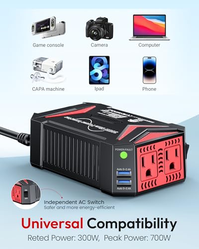 BESTEK Pure Sine Wave Power Inverter, 300W DC 12-17V to 110V AC Car Adapter - color: Black