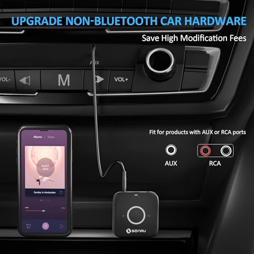 SONRU Bluetooth 5.3 Adapter Hi-Fi Equipment for Car Wireless Audio Receiver with 3.5mm AUX RCA Cable, Noise Cancellation, Dual AUX Outputs for Home Speakers Wired Headphones