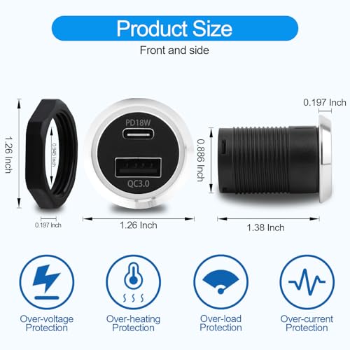 RV USB Outlet 12V Wall Mount, Dual USB Quick Charge 3.0 Port & PD USB C Charger, 12V/24V Automotive Outlet Socket Adapter for RV Marine Boat Bus ATV Motorcycle Truck(Round,2 Pack)