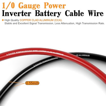 1/0 Gauge Wire CCA Power/Ground Cable 40FT Black/Red with lugs,250A ANL Fuse,1/2 inch Cable Split Sleeving,Self Adhesive Mounts Zip Ties kit - color: W/ Wire Loom kit