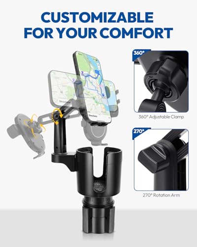 2-in-1 Cup Holder Cell Phone Holder,Adjustable 360° Rotation Universal Phone Holder Fits 4.0-7.0" Devices, Compatible with 12-40 oz Bottles