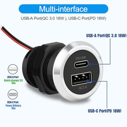 RV USB Outlet 12V Wall Mount, Dual USB Quick Charge 3.0 Port & PD USB C Charger, 12V/24V Automotive Outlet Socket Adapter for RV Marine Boat Bus ATV Motorcycle Truck(Round,2 Pack)