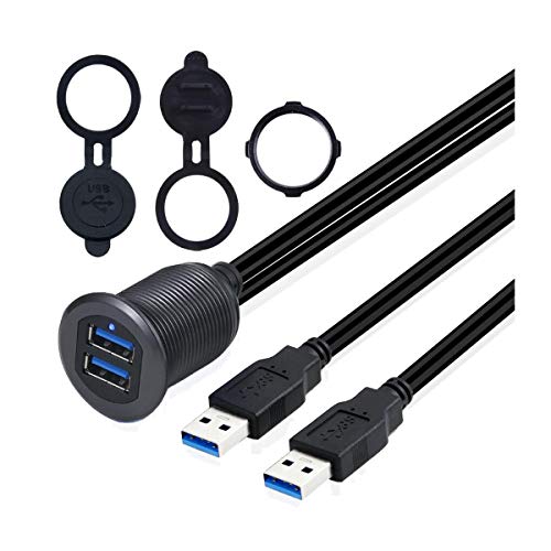 3.3ft Dual Ports USB 3.0 Flush Mount Cable, USB 2 Ports Male to 2 Ports Female Extender Dashboard Panel Mount Extension Cord for Car Truck Boat Motorcycle, Gray Metal Shell, LED Light