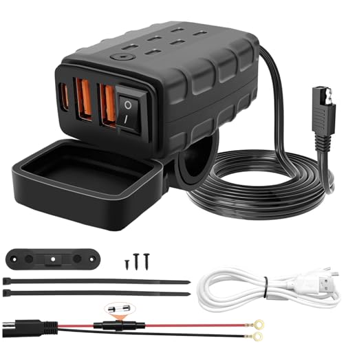 Motorcycle USB Car Charger Socket Fast Charging 2 USB/2.4A+Type C/2.4A with Switch and LED, DC10V-28V Waterproof Motorbike USB with 3A USB Charging Cable for Boat/Camper/Van/Caravan - color: Switch + LED