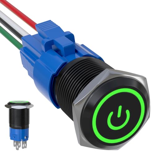 16mm Latching Push Button Switch 5A 12V Power Symbol LED Ring SPDT - color: Black Shell-Green